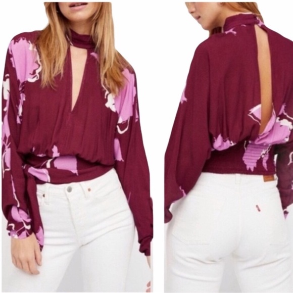 Free People Top Women’s Large Say You Love Me Blouse Floral Boho Keyhole BB - Picture 2 of 8